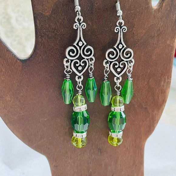 Novafind Jewelry - Boho Chandelier Green Crystal Dangle Pierced Silver Artisan Handmade Earrings 3”